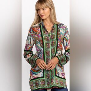Johnny Was Delia Tunic 💯 Silk Multicolor Paisley Blouse size PXS NWT